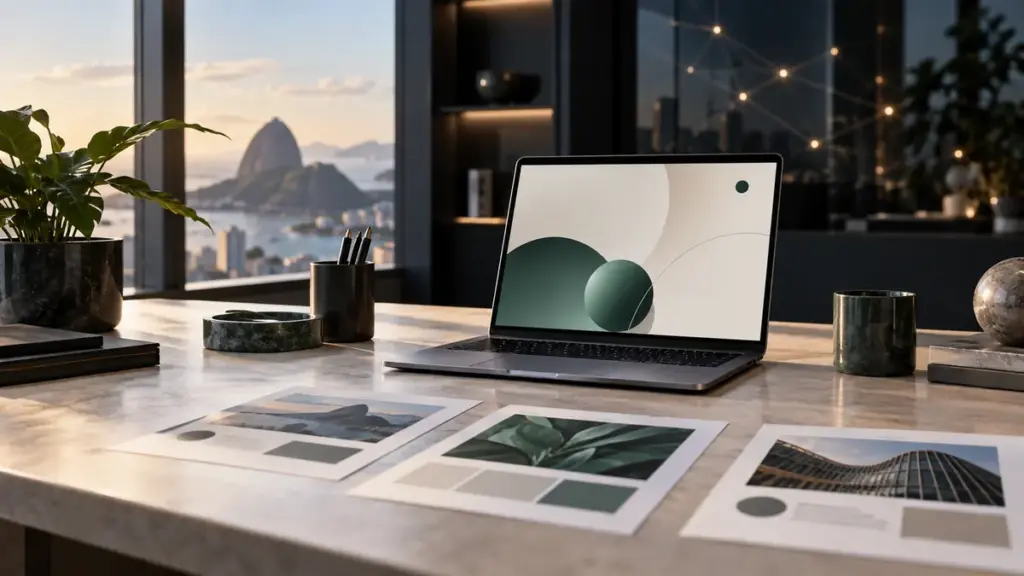 Notebook e materiais editoriais sobre uma mesa, em ilustração sobre publicações e presença digital.